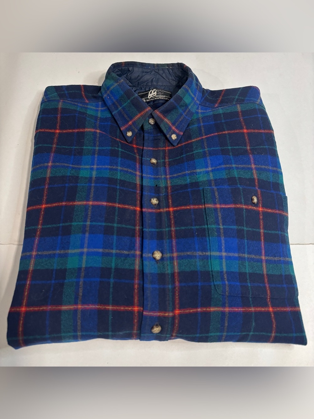 Lobo by Pendleton Mens Blue Plaid Wool Flannel Shirt Vintage Made in USA Large